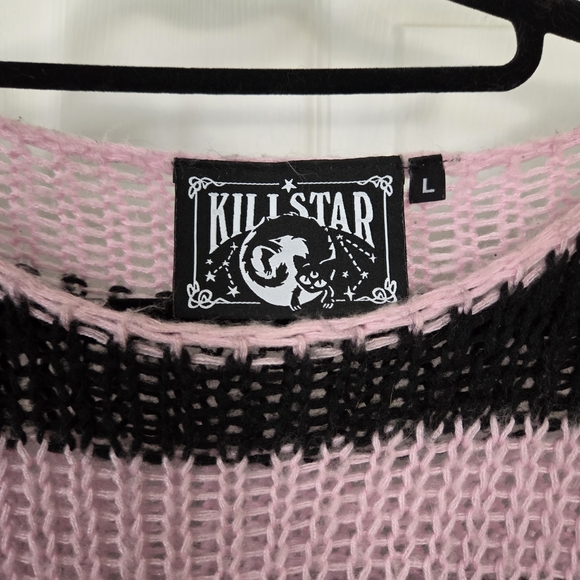 Killstar Pink & Black Distressed Striped Crew Sweater - Picture 2 of 2